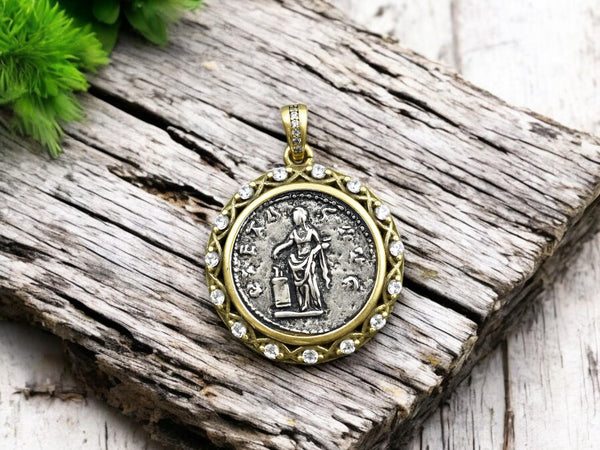 Roman Coin Pendants - Metal Pendants - Rhinestone Pendant - Micro Pave - Cubic Zirzonia - 29x27mm - (5576)