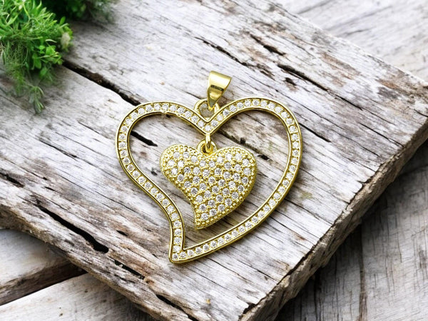 Heart Pendants - Metal Pendants - Rhinestone Pendant - Micro Pave - Cubic Zirzonia - 26x30mm - (4398)