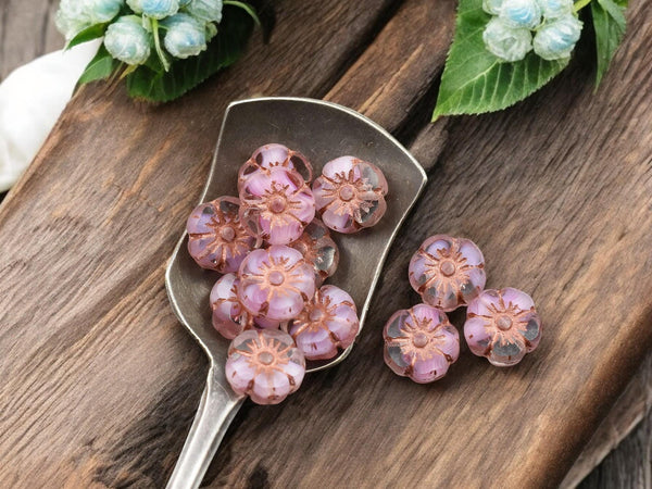 Czech Glass Beads - Hawaiian Flowers - Picasso Beads - Pink Flower Beads - Hibiscus Flower - 10mm - 12pcs (5725)