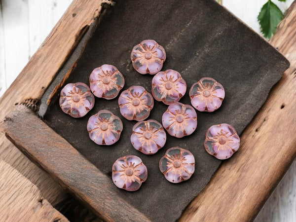 Czech Glass Beads - Hawaiian Flowers - Picasso Beads - Pink Flower Beads - Hibiscus Flower - 10mm - 12pcs (5725)