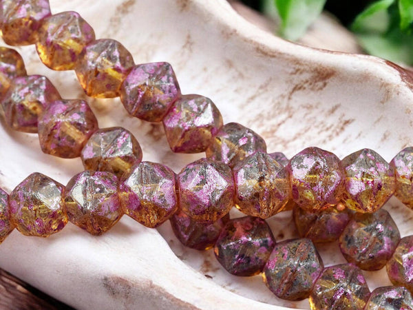 *10* 10mm Pink Washed Crystal Topaz Picasso Antique Cut Round Beads