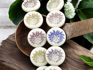 *8* 17mm Matte Opaque Ivory Sliperit Laser Etched Dahlia Coin Beads