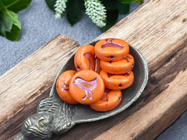 *15* 12mm Metallic Pink Washed Opaque Orange Bird Coin Beads