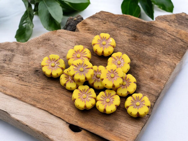 Czech Glass Beads - Hawaiian Flowers - Picasso Beads - Yellow Flower Beads - Hibiscus Flower - 10mm - 12pcs - (2110)