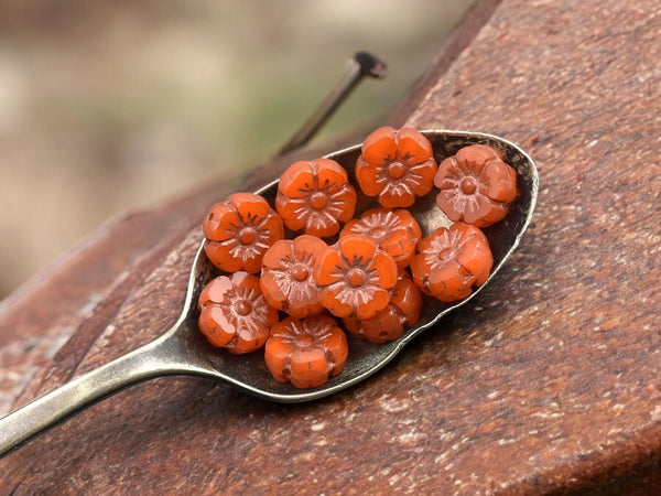 Czech Glass Beads - Hawaiian Flowers - Picasso Beads - Orange Flower Beads - Hibiscus Flower - 10mm - 12pcs - (1565)