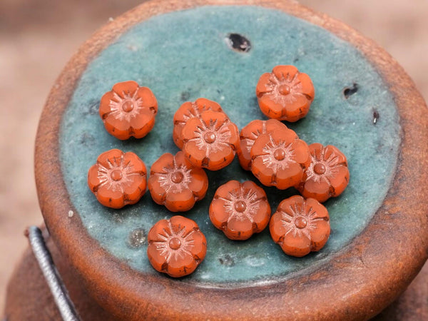 Czech Glass Beads - Hawaiian Flowers - Picasso Beads - Orange Flower Beads - Hibiscus Flower - 10mm - 12pcs - (1565)