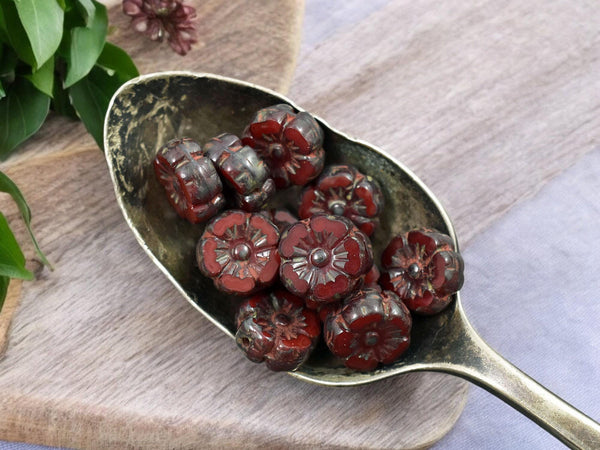 Czech Glass Beads - Hawaiian Flowers - Picasso Beads - Red Flower Beads - Hibiscus Flower - 10mm - 12pcs - (1798)