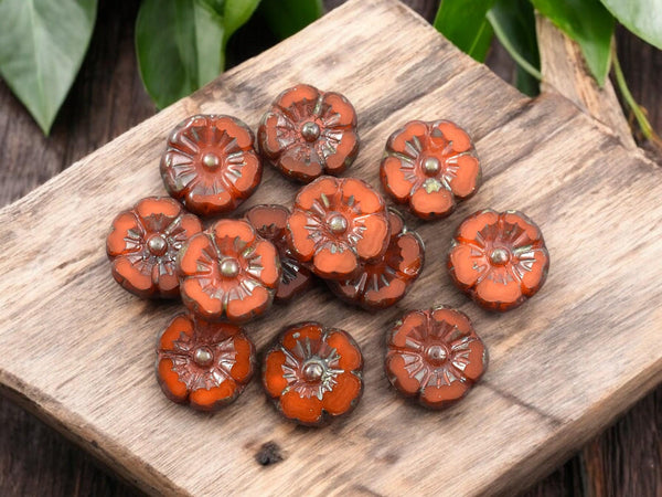 Czech Glass Beads - Hawaiian Flowers - Picasso Beads - Orange Flower Beads - Hibiscus Flower - 10mm - 12pcs - (2198)