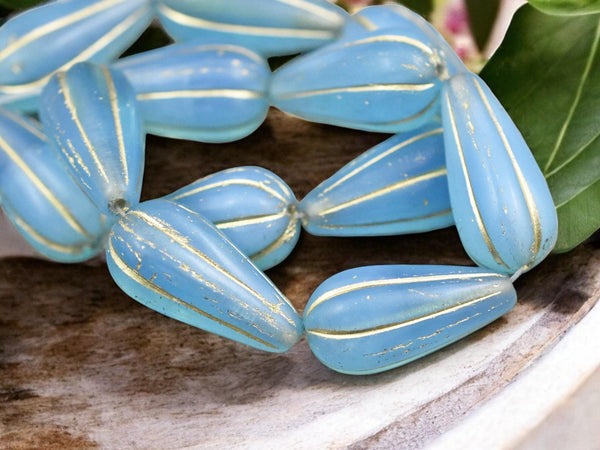 22x11mm Gold Washed Blue Aqua Opaline Melon Drop Beads -- Choose Your Quantity