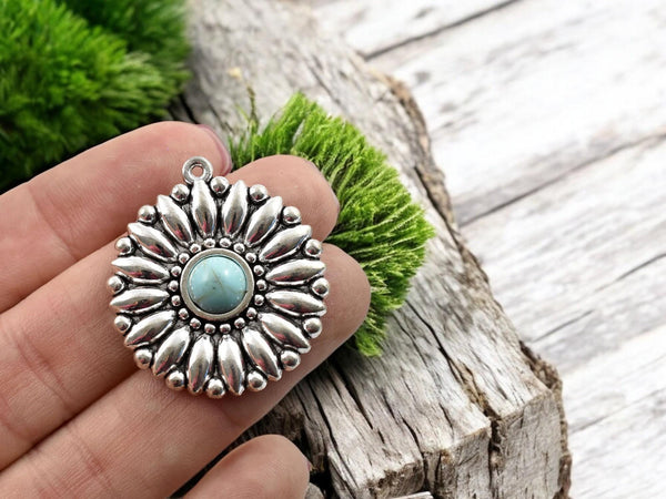 Metal Pendant - Silver Pendant - Flower Pendant - Small Pendants - Bohemian Pendant - 5pcs - (4674)