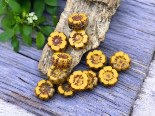 *12* 7mm Opaque Marigold Picasso Hawaiian Flower Beads