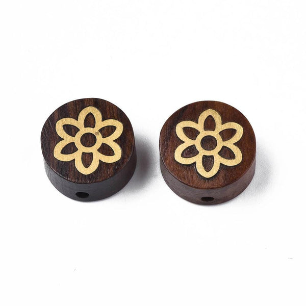 Wood Beads - Flower Beads - Brass Beads - Rosewood Beads - 5pcs - 15x7mm - (2998)