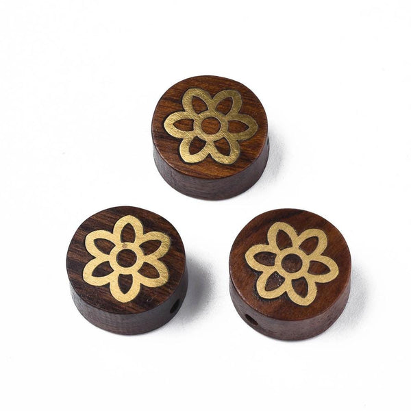 Wood Beads - Flower Beads - Brass Beads - Rosewood Beads - 5pcs - 15x7mm - (2998)