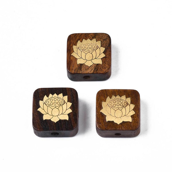 Wood Beads - Lotus Flower Beads - Brass Beads - Rosewood Beads - 5pcs - 15x6mm - (496)