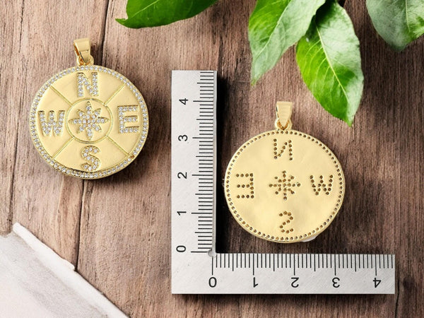 Compass Charms - Gold Charms - Micro Pave Charms - Metal Pendants - 1pcs - 33x30mm - (2967)