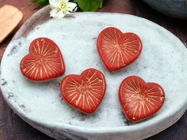 Picasso Beads - Red Heart Beads - Czech Glass Beads - Valentines Beads - Heart Pendant - Heart Focal Bead - 22mm - 4pcs - (2471)