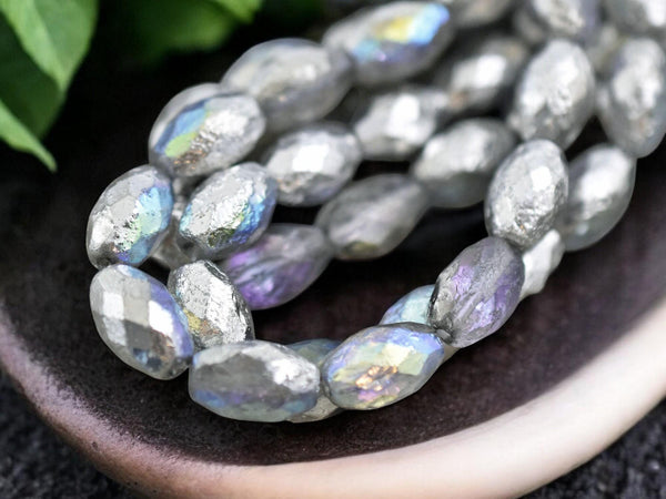 *12* 12x8mm Etched Sllver Washed Crystal AB Fire Polished Faceted Oval Beads