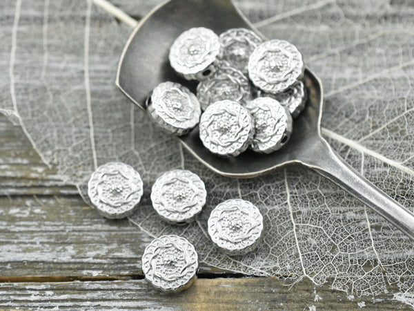 *10* 10mm Antique Silver Ornate Coin Spacer Beads Czech Glass Beads by GR8BEADS - The Bead Obsession