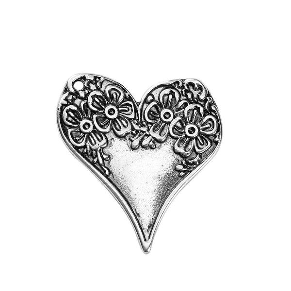 *10* 28x26mm Antique Silver Floral Heart Pendant