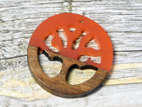 28mm Wood Resin Tree of LIfe Pendant (Orange)