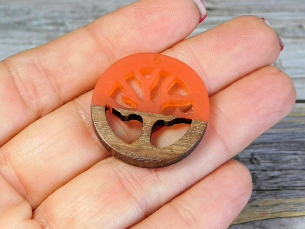 28mm Wood Resin Tree of LIfe Pendant (Orange)