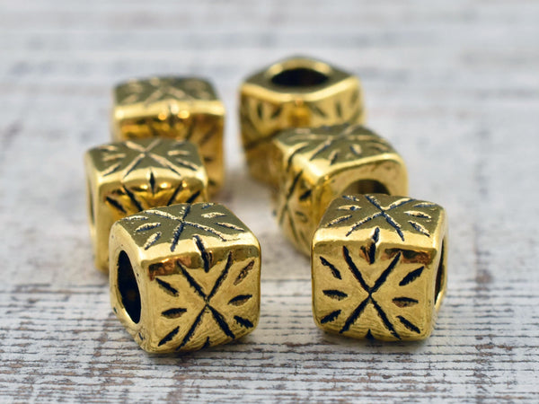 *10* 9mm Antique Gold Large Hole Rounded Cube Beads