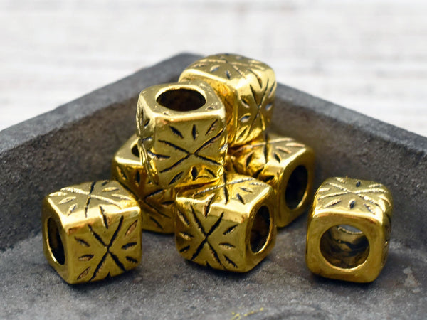 *10* 9mm Antique Gold Large Hole Rounded Cube Beads