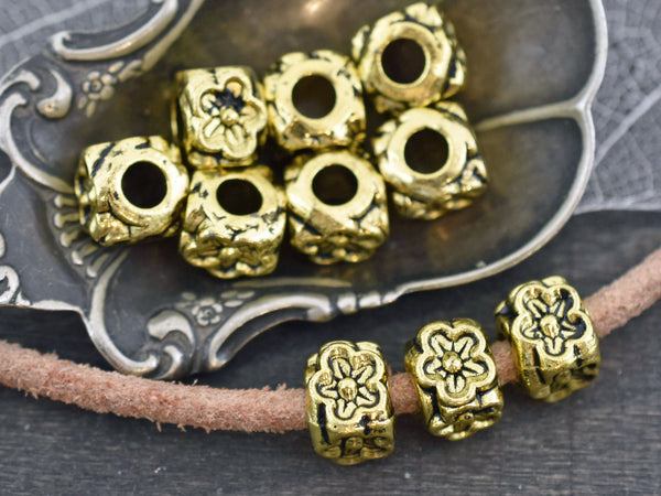 *10* 8x7mm Antique Gold Large Hole Floral Cube Beads