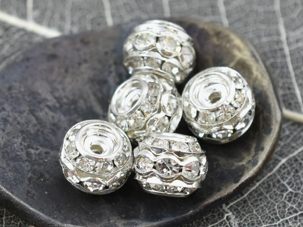 Silver w/Pink Rhinestone Rondelle Spacer Beads