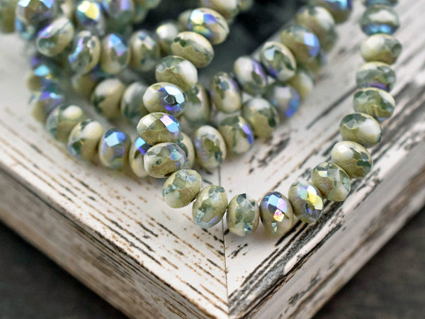 *30* 3x5mm Antique Silver AB Washed Blended Green/White Fire Polished Rondelle Beads Czech Glass Beads by GR8BEADS - The Bead Obsession