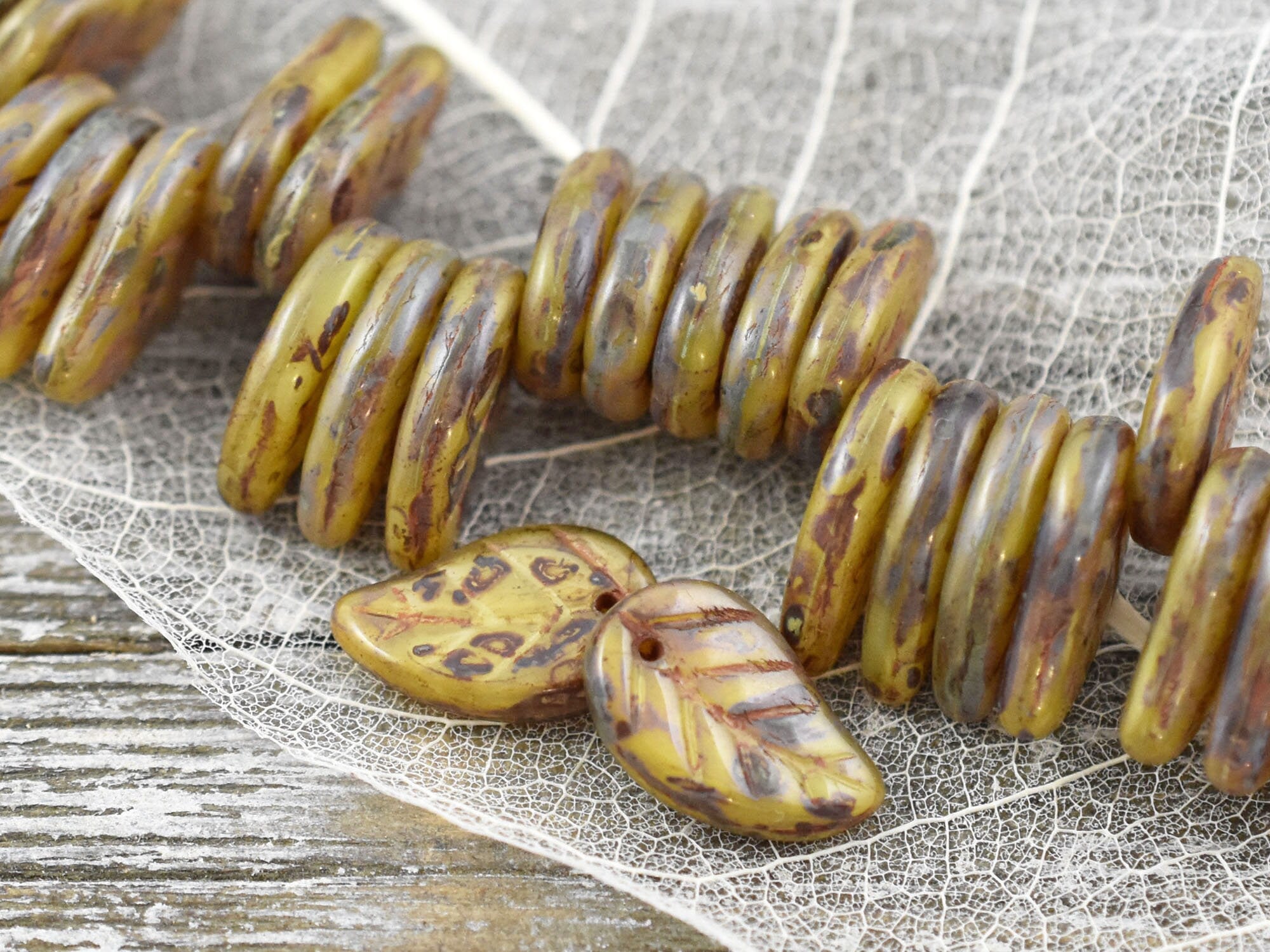 4* 15x16mm Bronze Washed Orange Opaline Flat Leaf Beads