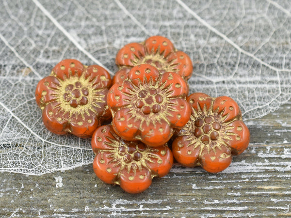 Czech Glass Beads - 14mm Flower Beads - Picasso Beads - Wild Flower Beads - Orange Opaline - 14mm - 6pcs - (2475)