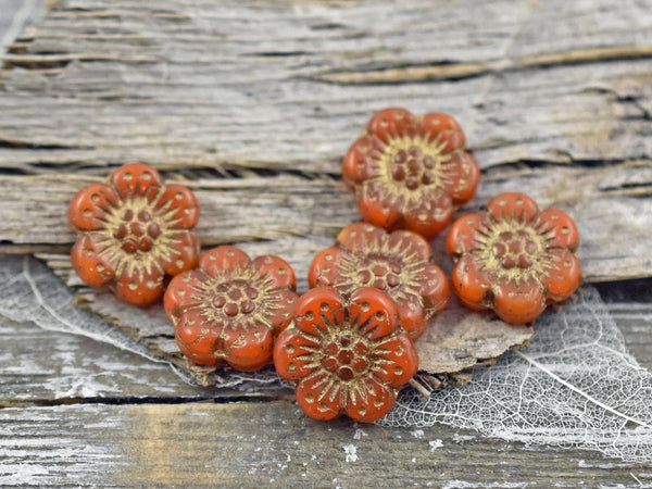 Czech Glass Beads - 14mm Flower Beads - Picasso Beads - Wild Flower Beads - Orange Opaline - 14mm - 6pcs - (2475)