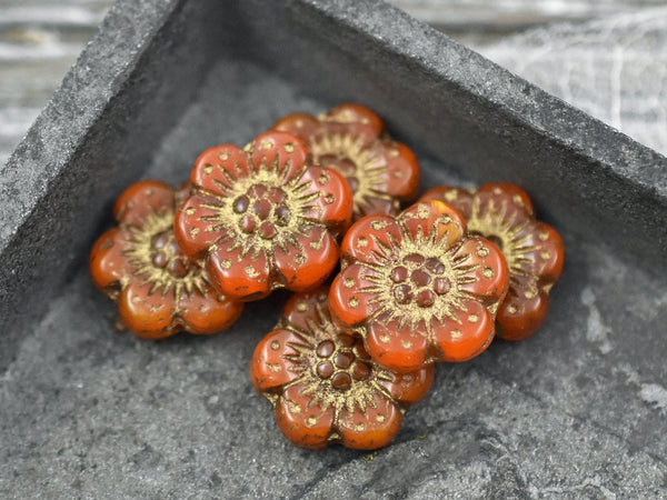 Czech Glass Beads - 14mm Flower Beads - Picasso Beads - Wild Flower Beads - Orange Opaline - 14mm - 6pcs - (2475)