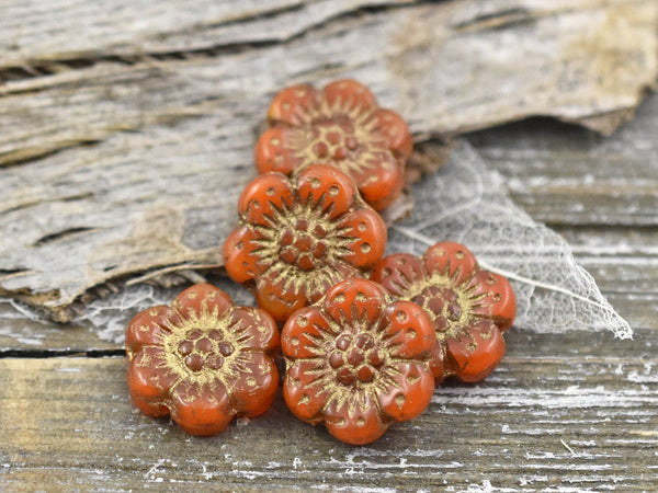 Czech Glass Beads - 14mm Flower Beads - Picasso Beads - Wild Flower Beads - Orange Opaline - 14mm - 6pcs - (2475)