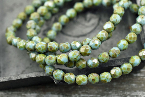 Picasso Beads - Fire Polished Beads - Round Beads - Czech Glass Beads - Turquoise Picasso - 30pcs (5646)