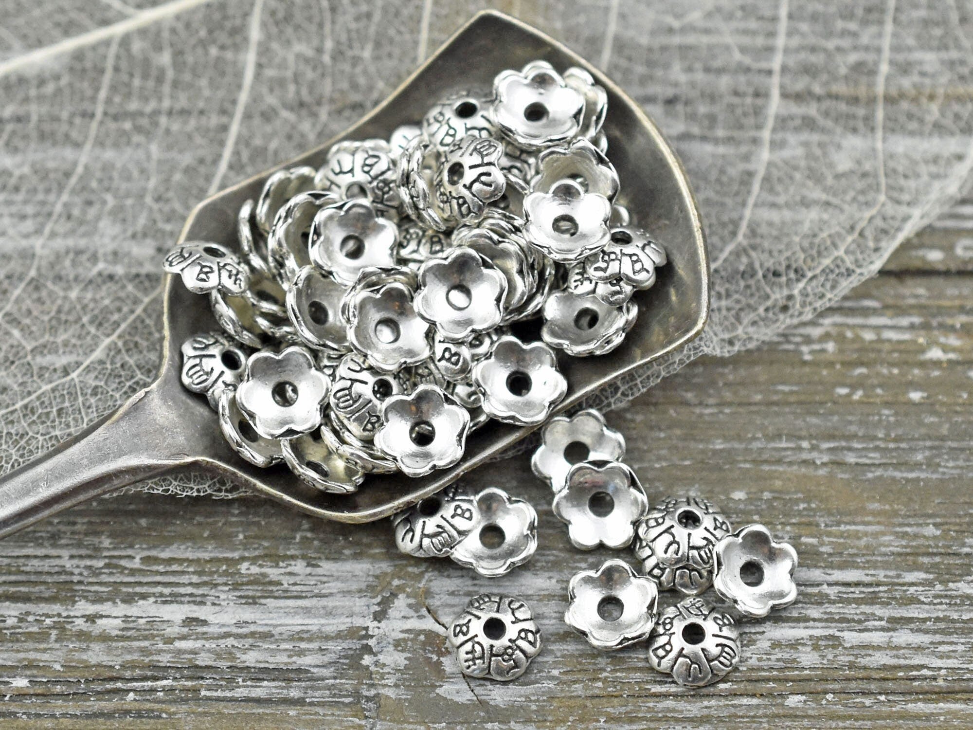 4pc 15x11mm Ornate Bead Cap, Antique Silver