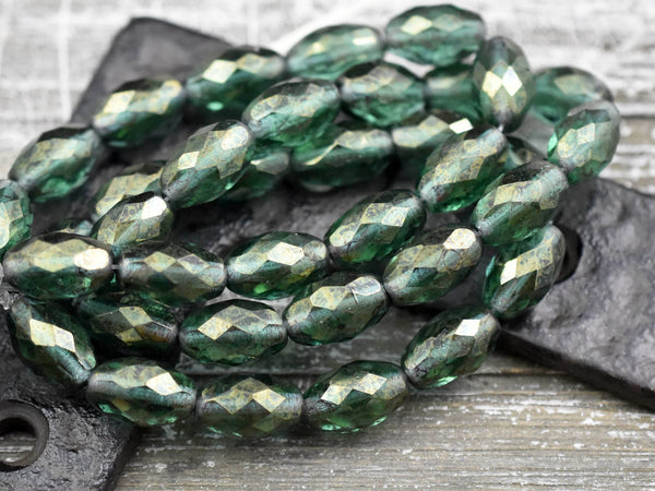 Czech Glass Beads - Fire Polish Beads - Green Beads - Faceted Beads - Oval Beads - 12x8mm - 12pcs (6120)