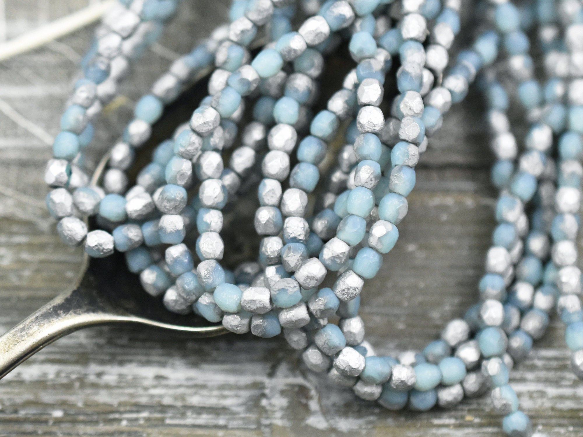 3mm Round Glass Beads - Etched Teal Blue Metallic - 50 Beads