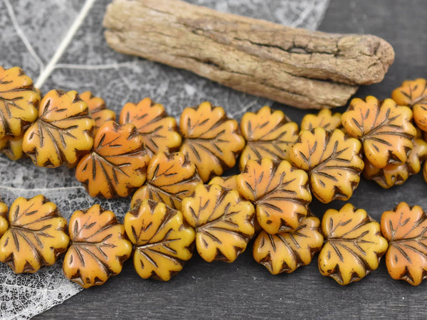 Fall Beads - Czech Glass Beads - Leaf Beads - Picasso Beads - Czech Leaves - 13x11mm - 12pcs - (598)