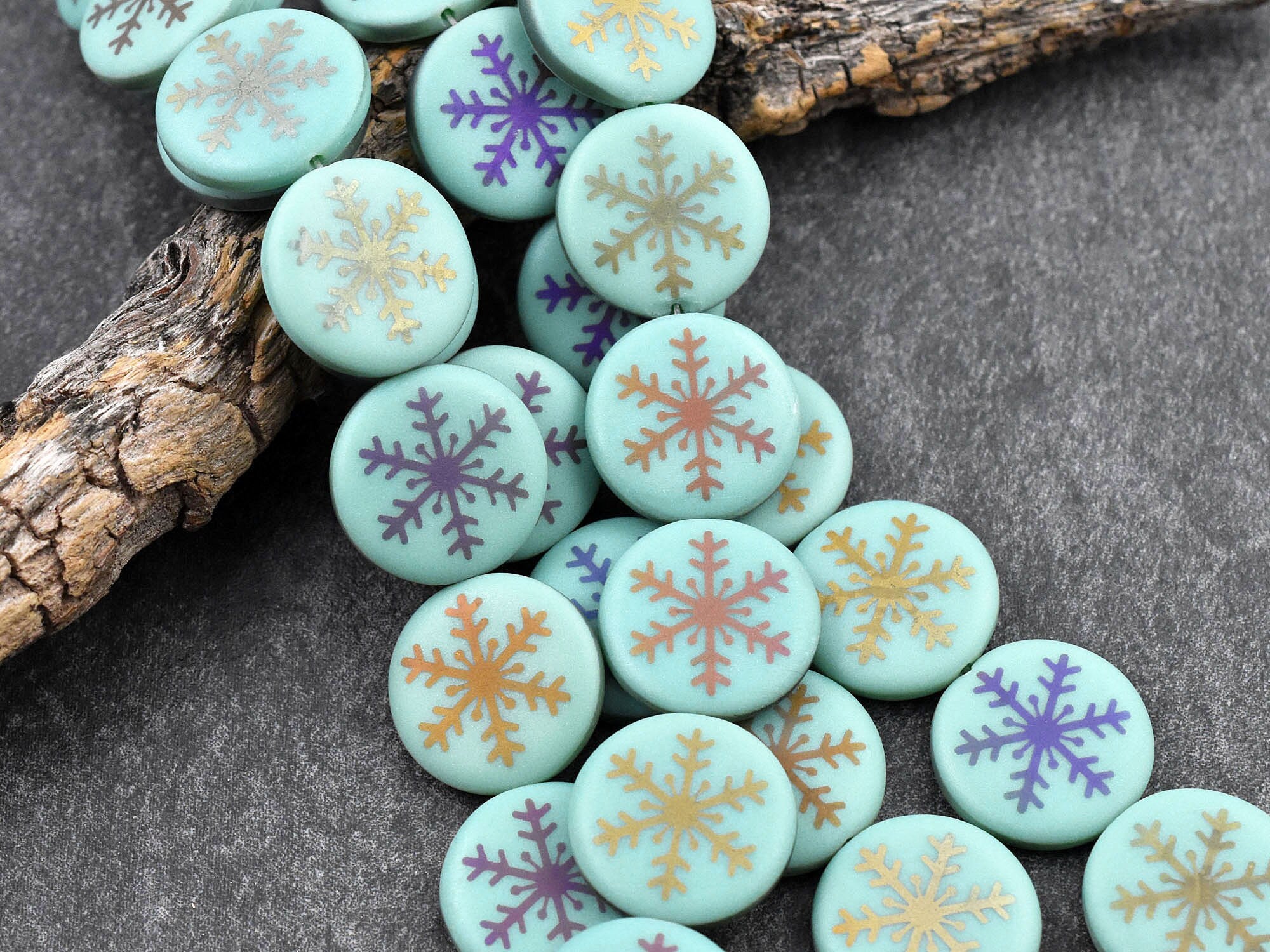 *8* 17mm Opaque Turquoise Satin AB Laser Tattoo Snowflake Coin Beads Czech Glass Beads by GR8BEADS - The Bead Obsession